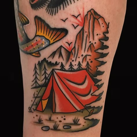 Tattoo by Alex Zampirri Traditional Tattoo Nature, Tent Tattoo, Heart And Soul Tattoo, Camping Tattoo, Optical Illusion Tattoo, Western Tattoos, Ghost Tattoo, Traditional Tattoo Sleeve, Landscape Tattoo