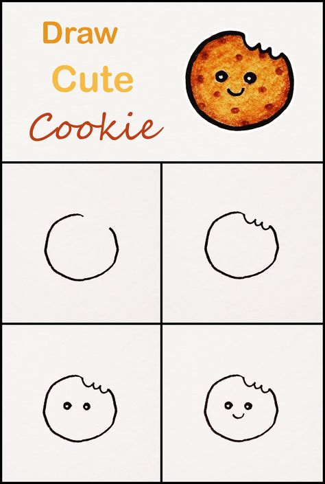 Learn how to draw a cute Cookie step by step ♥ very simple tutorial #cookie #drawings #kawaii #tutorial Doodle Art Tutorial Step By Step, How To Draw A Cookie, How To Draw Cookies, Kawaii Drawing Tutorial Step By Step, Easy Food Drawings Step By Step, How To Draw A Cookie Step By Step, Cookies Drawing, Food Drawing Ideas, How To Draw Kawaii