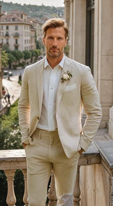 Elevate your summer style with this beige linen two-piece business suit, designed for both weddings and beachside celebrations. Tailored for a timeless vintage look, this suit offers breathable comfort and effortless sophistication, making it perfect for warm-weather occasions. The lightweight linen fabric ensures you stay cool while exuding charm, whether you're attending a formal event or enjoying a relaxed outdoor gathering. With its classic yet versatile appeal, this suit is a must-have for Linen Suits For Groom, Tan Linen Suit Men, Wedding Linen Suits Men, Linen Wedding Guest Outfit Men, Elopement Suits For Men, Engagement Party Outfit Guest Men, Italy Wedding Groom Suit, Blonde Groom Suit, Men Elopement Outfit Casual