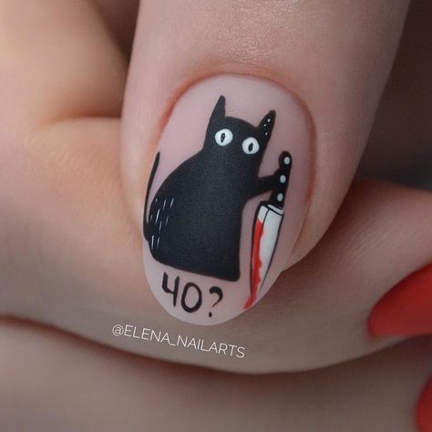 Cat Nail Designs, Spooky Nail, Witch Nails, Minimal Nails Art, Mens Nails, Art Designs Ideas, Punk Nails, Nail Drawing, Cat Nails