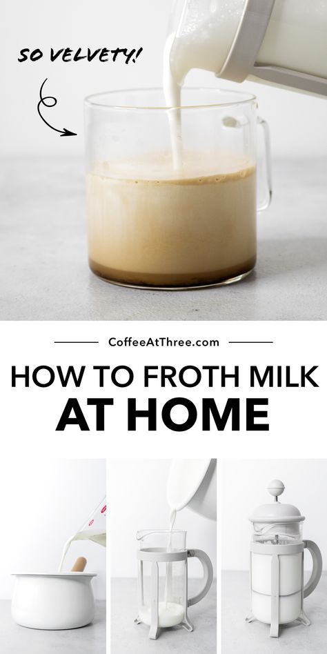 Get perfectly frothed milk for lattes without an espresso machine or an expensive milk frother. Coffee at Three has tips to make it perfectly. All you need is a French press to make velvety, frothed milk to make cafe-quality coffee drinks at home. Milk Frother Recipes, French Press Coffee Recipe, Frother Recipes, French Press Recipes, Coffee Drinks At Home, Coffee Recipes Hot, Drinks At Home, Easy Teas, Coffee At Home