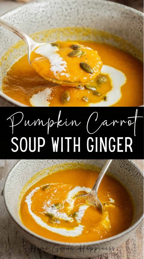 This pumpkin carrot soup recipe is creamy and fragrant. Perfect for enjoying on cold days. This pumpkin carrot soup is super simple but has a lot of flavor. The base is fresh pumpkin and carrots, but fresh ginger is added. Both pumpkin and carrot are versatile and pair well with many different flavors. Puree Soup Recipes, Pumpkin Carrot Soup, Pumpkin And Ginger Soup, Pumpkin Soup Recipe Easy, Carrot Ginger Soup Recipe, Vegan Pumpkin Soup, Carrot Ginger Soup, Fresh Pumpkin, Pumpkin Soup Recipe