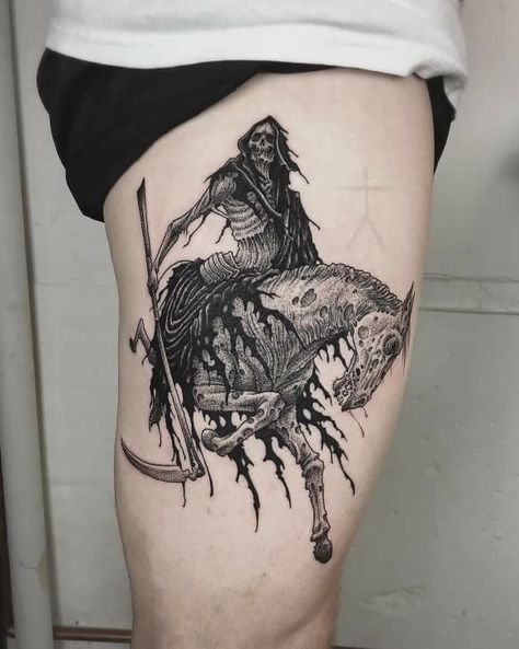 The Pale Horse, Horse Tattoo Design, Grim Reaper Tattoo, Reaper Tattoo, Pale Horse, Scary Tattoos, Skeleton Tattoos, Spooky Tattoos, Gustave Dore