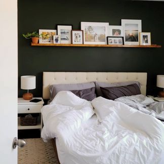 Above Bed Photo Display, Ledge Above Bed, Picture Ledge Above Bed, Plants In The Bedroom, Photo Ledge, Small Condo, Aspen Wood, Wood Putty, Bed Photos