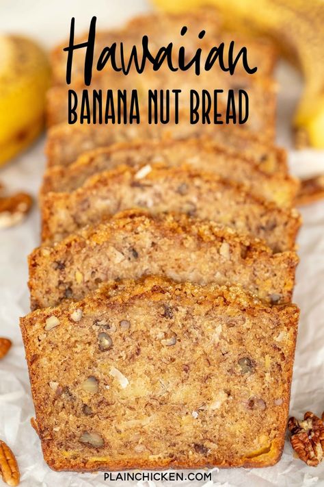 Hawaiian Banana Nut Bread - loaded with pineapple and coconut. Seriously delicious! Can make in advance and freeze for later. Mashed bananas, eggs, oil, vanilla, coconut extract, crushed pineapple, flour, sugar, baking soda, salt, cinnamon, pecans, and coconut. Top the bread with turbinado sugar for a nice crunch. Great for breakfast, brunch, afternoon snack, and holiday gifts! #bread #quickbread #bananabread #breakfast Hawaiian Banana Bread Recipe, Hawaiian Banana Bread, Banana Nut Bread Recipe, Nut Bread Recipe, Coconut Extract, Pineapple And Coconut, Cinnamon Swirl Bread, Cinnamon Pecans, Turbinado Sugar