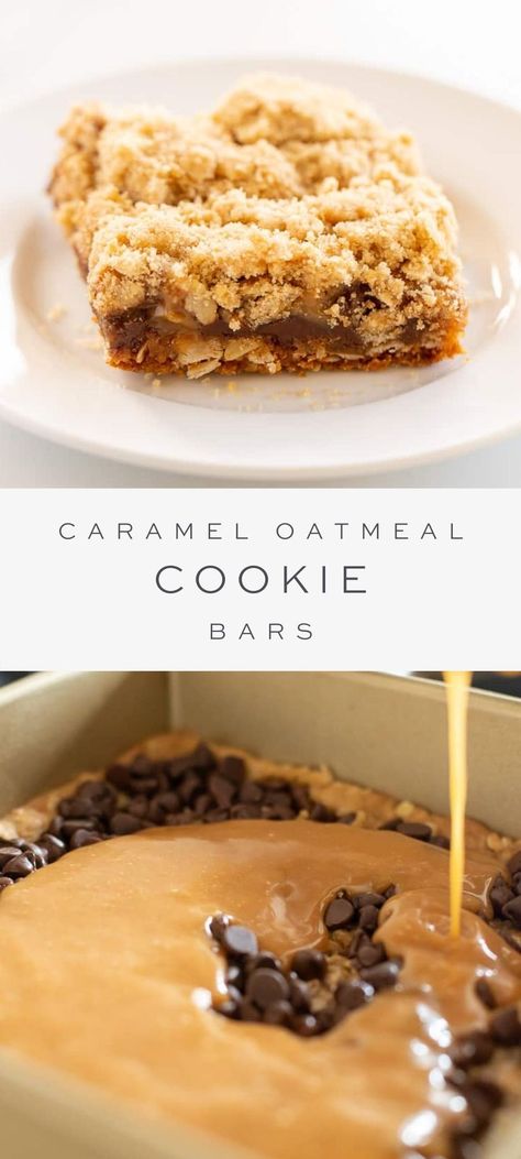 Caramel Oatmeal Cookie Bars, also known as Mountain Bars are thick, chewy bars filled with chocolate chips, oatmeal and caramel with an irresistible crunchy topping. Chocolate Caramel Oatmeal Bars, Carmel Oatmeal Bars Chocolate Chips, Oatmeal Caramel Chocolate Chip Bars, Oatmeal Caramel Cookies, Oatmeal Caramel Bars, Oatmeal Dessert Bars, Caramel Oatmeal Cookies, Caramel Bark, Chewy Cookie Bars