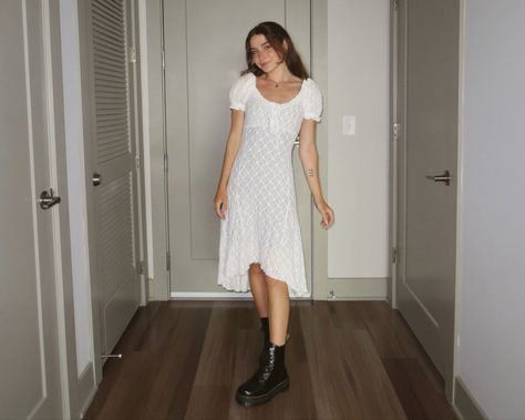 Long White Dress Outfit Casual, White Docs With Dress, White Dress Doc Martens, Flowy White Dress Aesthetic Long, White Flowy Mini Dress With Ditsy Floral Print, White Beach Dress From Urban Outfitters, White Floral Dress Long, Long White Dress Fairycore, White Dress Aesthetic