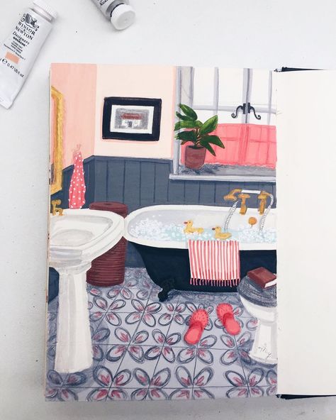 Parul Arora on Instagram: “It’s ok to take some time to relax. 🛁🧼 #justnoeydraws . . . . . . . . . . . . . . #sketchbook #gouache #gouachepainting #artistsoninstagram…” Bubble Bath Illustration, Bath Illustration, Sketchbook Tour, Gouache Art, Barbie Diy, Illustrators On Instagram, Sketchbook Drawing, Bubble Bath, Relax Time