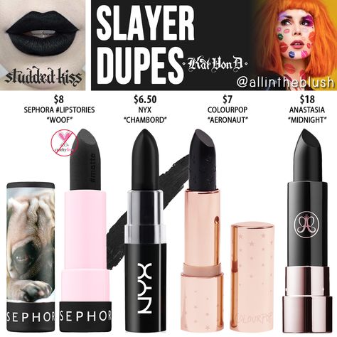 KAT VON D SLAYER STUDDED KISS CRÈME LIPSTICK DUPES Kat Von D Lipstick, Oval Makeup Brush, Lipstick For Fair Skin, Lipstick Tutorial, Maybelline Superstay, Double Dare, Colors For Dark Skin, Waterproof Lipstick, Kat Von D Makeup