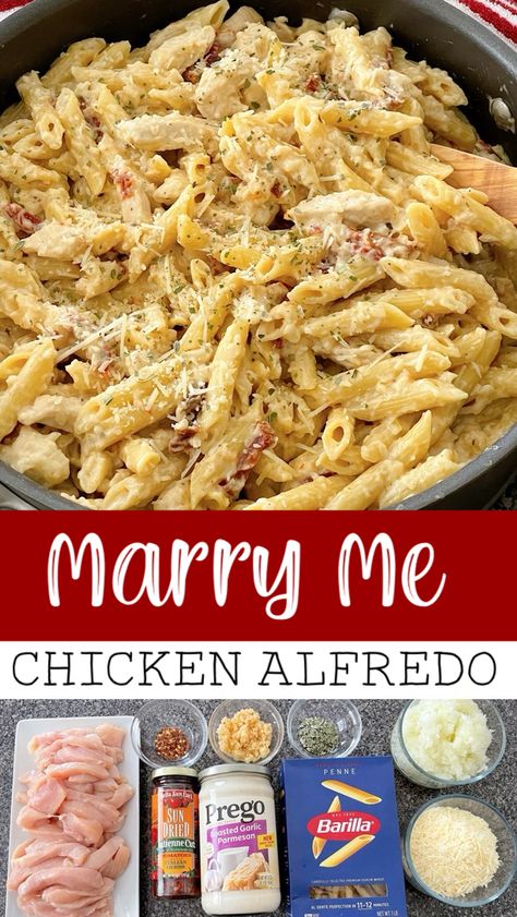 This Marry Me Chicken Recipe is so divine, with cream sauce and tender chicken, it's perfect for special occasions and might even spark a marriage proposal! This creamy chicken pasta is also a 30-minute meal making it perfect for weeknight dinners. Chicken Marinara Alfredo Pasta, Marry Me Chicken Alfredo, Marry Me Chicken Crock Pot Pasta, Creamy Marry Me Chicken Pasta, Crockpot Marry Me Chicken Pasta, Merry Me Chicken Recipe With Pasta, Marry Me Chicken Pasta Crockpot, Merry Me Chicken Pasta Recipe, Mary Me Chicken And Pasta