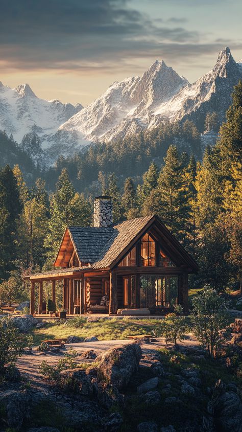 A warm cabin in the woods with a backdrop of majestic mountains Mountain Log Cabin, Woodsy Cabin, Montana Cabin, Cabin Rustic, Log Cabin Rustic, Cabin In The Mountains, Majestic Mountains, Wood Wallpaper, Bunk House