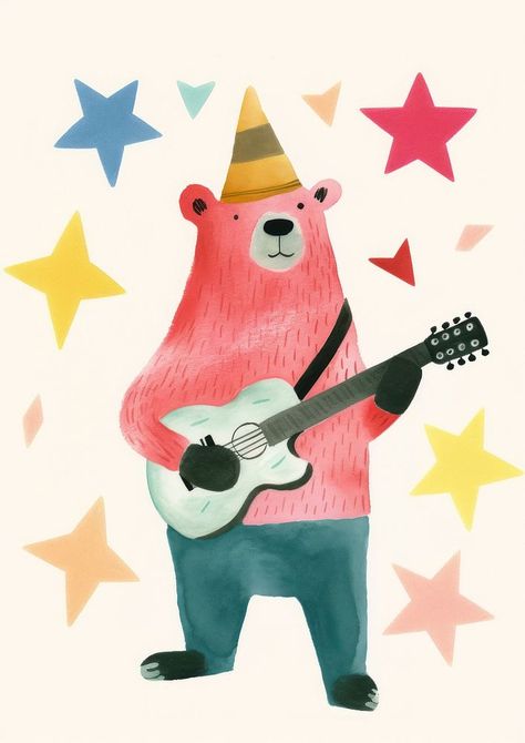 Bear playing guitar, animal paper craft illustration | free image by rawpixel.com / Boom Bear Playing Guitar Drawing, Animals Playing Instruments Art, Playing Guitar Illustration, Bear Reading Illustration, Animal Paper Craft, Musical Animals Illustration, Craft Illustration, Bear Playing Guitar, Guitar Illustration