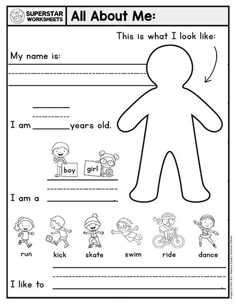 Preschool Assessment - Superstar Worksheets. Students write their name, draw their picture, report their age, gender and what they like to do. Authentic Assessment, Superstar Worksheets, Kindergarten Readiness Checklist, Writing Activities For Preschoolers, Teaching Preschoolers, Kindergarten Handwriting, Kindergarten Assessment, Preschool Assessment, Guiding Principles