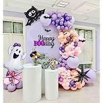 Girls Halloween Birthday Party, Happy Booday, Purple Balloon Arch, Spooky Balloons, Halloween First Birthday, Halloween 1st Birthdays, Halloween Party Balloons, Orange Balloons, Purple Balloons