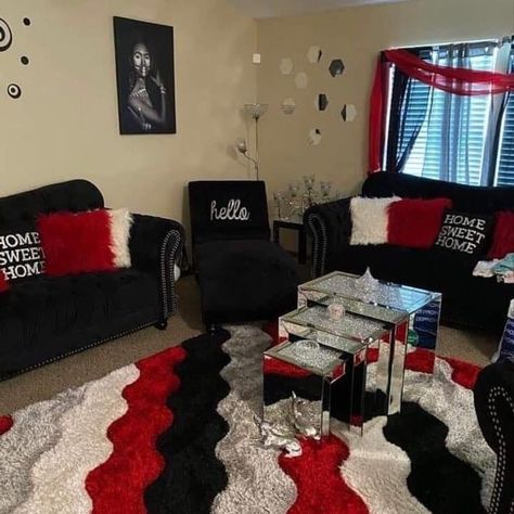 Red And Black Living Room, Red Living Room Decor, Living Room And Dining Room Decor, Gray Living Room Design, Girl Apartment Decor, Black Living Room Decor, Room Organization Bedroom, Apartment Decorating Living, Red Living