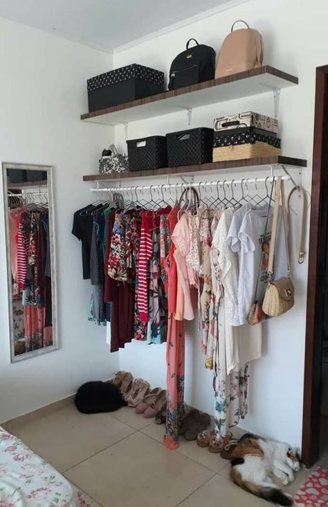 Small Clothing Room Ideas, Ideas For A Room With No Closet, Shelving In Bedroom Wall, Room Ideas With No Closet, Closet Replacement Ideas, No Closet Room Ideas, Bedroom No Closet Ideas, Clothing Rack Ideas Bedroom, Room With No Closet Ideas