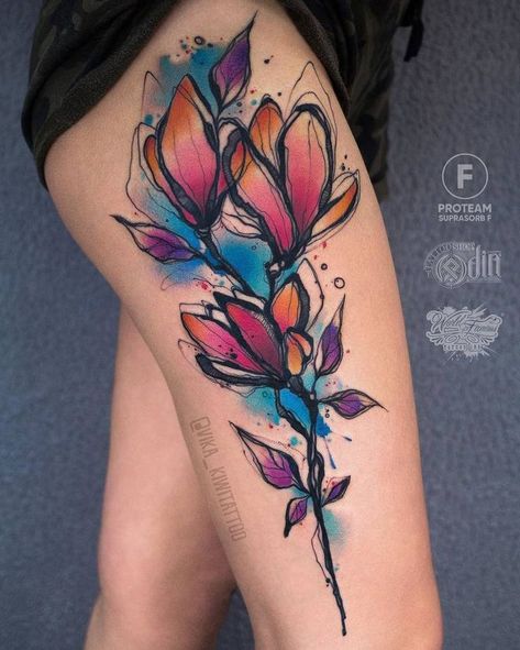 Magnolia Tattoo by vika_kiwitattoo Abstract Flowers Tattoo, Abstract Flower Tattoos, Flower Hip Tattoos, Hip Tattoo Designs, Magnolia Tattoo, Watercolor Tattoo Flower, Poppies Tattoo, Hip Tattoos Women, Watercolor Tattoos