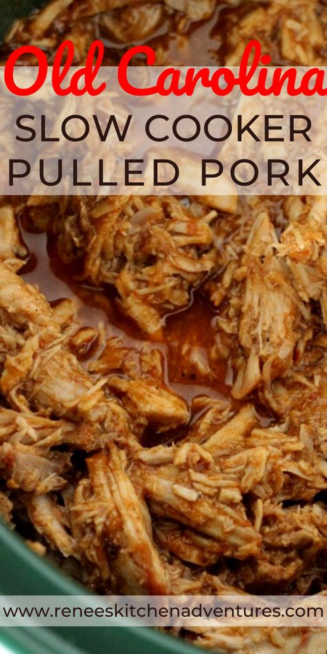 Old Carolina (copycat) Slow Cooker Pulled Pork by Renee's Kitchen Adventures. This Old Carolina BBQ Copycat slow cooker pulled pork is so easy and tasty, it may just become your new go-to pulled pork recipe! #RKArecipes #slowcookerpulledpork #pulledpork #oldcarolinapulledporkrecipe Pulled Pork Crock, Slow Cooker Pulled Pork Sandwiches, Carolina Pulled Pork, Bbq Pulled Pork Slow Cooker, Bbq Pork Recipes, Crock Pot Pulled Pork Recipe, Pork Crockpot Recipes, Slow Cooker Recipes Pork, Pulled Pork Recipe