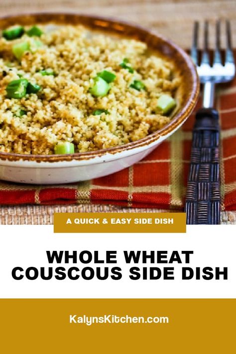 Whole Wheat Couscous is a perfect side dish option that's loaded with flavor from cooking in broth and adding green onions and Parmesan! And if you switch use vegetable broth, this is easy to make into a meatless dish! [found on kalynskitchen.com] #Couscous #CouscousSideDish #SideDishRecipe Whole Wheat Couscous, Quick Easy Side Dishes, Low Glycemic Foods, Couscous Recipes, Meatless Main Dishes, Best Gluten Free Recipes, Low Glycemic, Low Carb Recipes Dessert, Favorite Side Dish