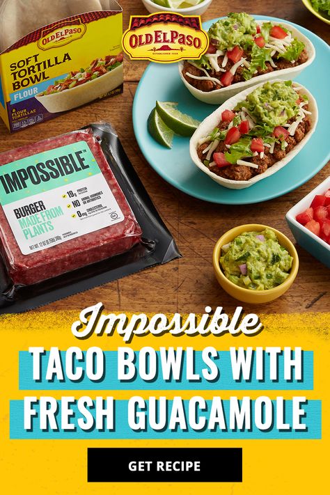 Impossible Taco Bowls with Fresh Guacamole Vegetarian Taco Bowl, Fresh Guacamole Recipe, Burger Tacos, Vegetarian Taco, Taco Bowl Recipe, Tortilla Bowls, Taco Filling, Guacamole Ingredients, Taco Bowl