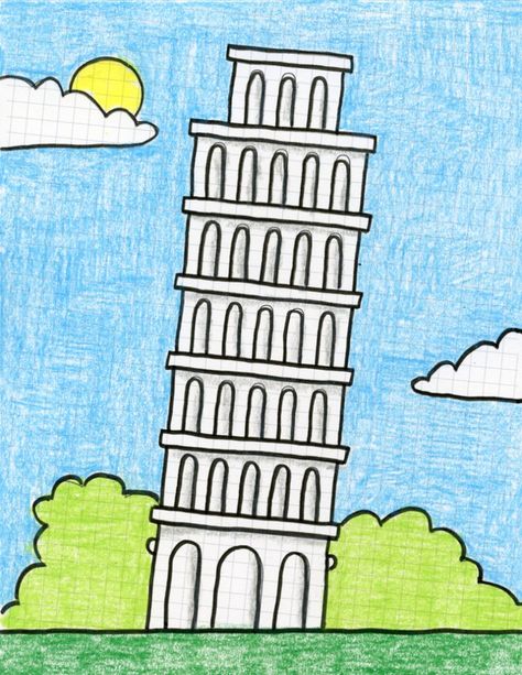 Draw the Leaning Tower of Pisa · Art Projects for Kids Easy Buildings To Draw, Europe Day Drawings, Europe Drawing, Goid Night, Italy Drawing, Child Draw, Italy Project, Italy For Kids, The Leaning Tower Of Pisa