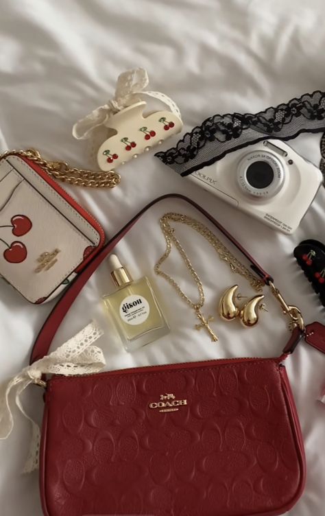 Girly Red Aesthetic, Coach Red Bag, Red Purse Aesthetic, Red Girly Aesthetic, Coach Purse Aesthetic, Coach Bags Aesthetic, Red Bag Aesthetic, Tote Essentials, Purses Aesthetic