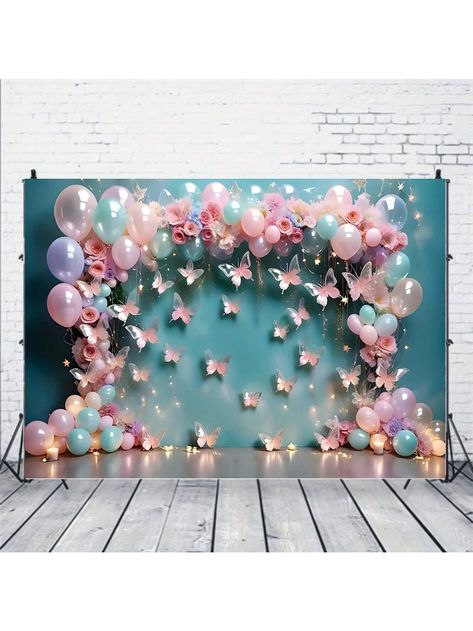 1PC,Butterfly Balloon Birthday Photography Backdrop, Blue & Pink Floral Lights Design, Ideal For Celebrations, Party Decor Banner, Cake Smash & Gatherings Prop,Christmas Multicolor    Polyester     Event & Party Supplies, size features are:Bust: ,Length: ,Sleeve Length: Blue And Gold Balloons Decoration, Pastel Colors Party, Cute Birthday Decorations, Preppy Party Decorations, Whimsical Party Decor, Pastel Color Party, Floral Lights, Gold Balloons Decorations, Butterfly Balloon