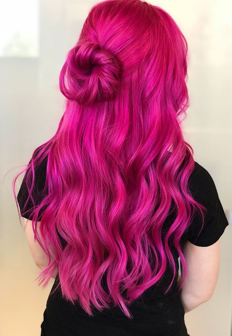 Gorgeous Hot Pink Hair Hot Pink Hair With Money Piece, Pink Hair Vibrant, Fuchsia Pink Hair, Neon Pink Hair Aesthetic, Pink Hair Neon, Fushia Hair Color Magenta, Electric Pink Hair, Hot Pink Dyed Hair, Vivid Pink Hair