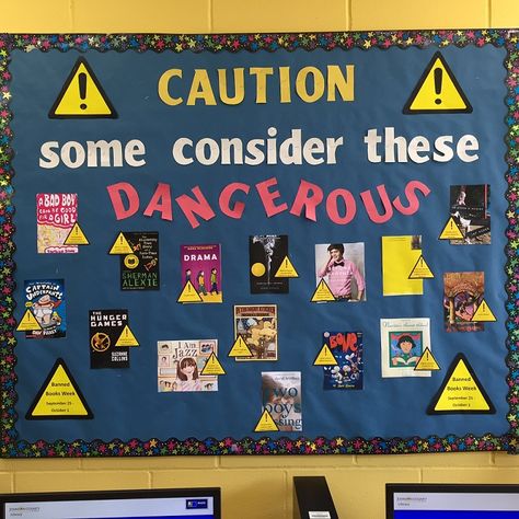 Banned Book Weeks display 2016 Banned Books Display Ideas, Library September Display, Banned Book Bulletin Boards, Banned Books Display School Libraries, Banned Books Bulletin Board, Middle School Library Book Displays, Banned Book Week Display, September Book Displays, Banned Book Display