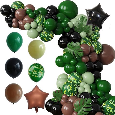 PRICES MAY VARY. 1.【PACKAGE INCLUDE】：41 dark green latex balloons, 30 light green latex balloons, 31 brown latex balloons, 20 black latex balloons, 10 camouflage latex balloons 2 black pentagrams, 2 brown pentagrams. 2.【PREMIUM MATERIAL】: Our party balloons are made of natural latex, non-toxic. All materials are of high quality and good safety. 3.【WIDELY APPLICATIONS】: The balloon arch kit is perfect for army party, birthday party, camouflage party, camping party, hunting party, soldier theme pa Army Balloon Decorations, Army Party Decorations, Camouflage Birthday Party, Jungle Themed Party, Camo Birthday Party, Camouflage Party, Balloon Pillars, Camo Birthday, Balloon Wreath