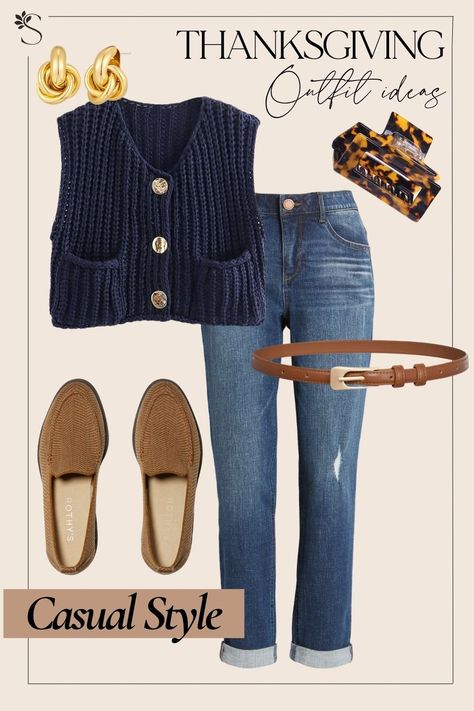 Thanksgiving Outfit Ideas - Casual Style  Sweater Vest and Jeans Button Up Sweater Vest Outfit, Knit Sweater Vest Outfit, Sweater Vest And Jeans, Thanksgiving Day Outfits, Sweater Vest Outfit Women, Vest And Jeans, Style Sweater Vest, Vest Outfit Women, Casual Thanksgiving Outfits