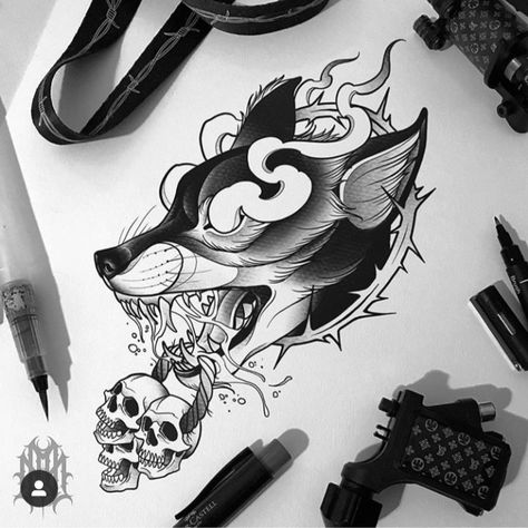 Tattoo neotradicional lobo Wolf Tattoo Traditional, Tatoo Dog, Tatuagem Masculina Pequena, Petit Tattoo, Skulls Drawing, Fox Tattoo, Tattoo Desings, Wolf Tattoos, Wolf Tattoo