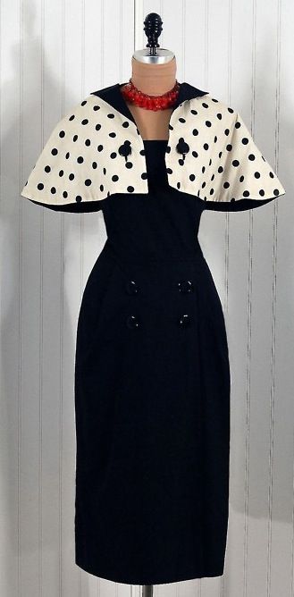 1950s vintage Pauline Trigere wiggle dress with black and white polka-dot capelet.- Must re-create this!! Pauline Trigere, Istoria Modei, Marigold Dress, Mode Retro, 1950 Fashion, Look Retro, Fashion 1950s, Retro Mode, Vintage Mode