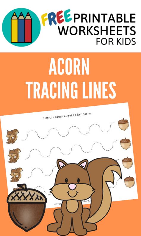 Acorn Preschool, Autumn Squirrel, Printable Worksheets For Kids, Tracing Lines, Preschool Fine Motor, Kids Worksheets Printables, Autumn Activities For Kids, Fun Fall Activities, Fall Preschool