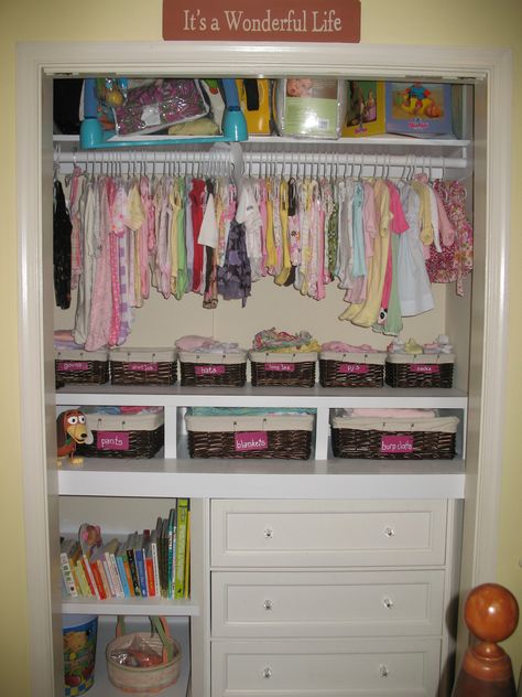 serious diy closet organization  (helps with wasted space at bottom) Similar to what we were already planning. I like the nooks Baby Dresser Organization, Closet Room Organizer, Baby Room Closet, Baby Nursery Closet, Nursery Closet Organization, Baby Closet Organization, Organized Closet, Baby Wardrobe, Inside Closet