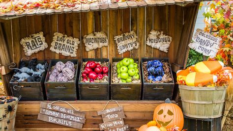 Farmer Frightful's Tricks or Treats Market Stand Farmer Halloween, Old Candy, Market Stands, Fruit Stand, Halloween Garden, Mad Science, Family Tv, Halloween Outdoor, Fruit Stands