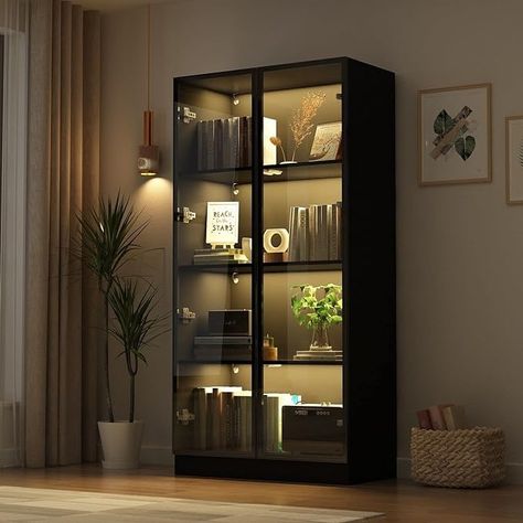 Amazon.com: FAMAPY Display Cabinet with Glass Doors and Lights, 4-Tier Storage Shelves, Pop-up Design, Trophy Case Display Cabinet for Collectibles, Display Case Cabinet Black (31.5”W x 15.7”D x 63”H) : Home & Kitchen Trophy Display Case, Living Room Cupboards, Display Cabinet Modern, Collectibles Display, Cabinet With Glass Doors, Trophy Case, Aesthetic Bedroom Ideas, Wine Shelves, Cabinet Black