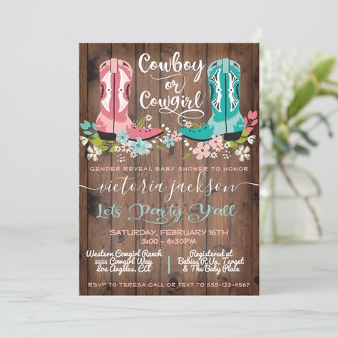 Cowboy or Cowgirl Baby Shower Gender Reveal Invita Invitation | Zazzle Cowboy Boots Flowers, Western Gender Reveal, Baby Gender Reveal Party Ideas, Gender Reveal Party Food, Boots Flowers, Cowgirl Baby Shower, Gender Reveal Baby Shower Themes, Blue Cowboy Boots, Baby Gender Reveal Party Decorations