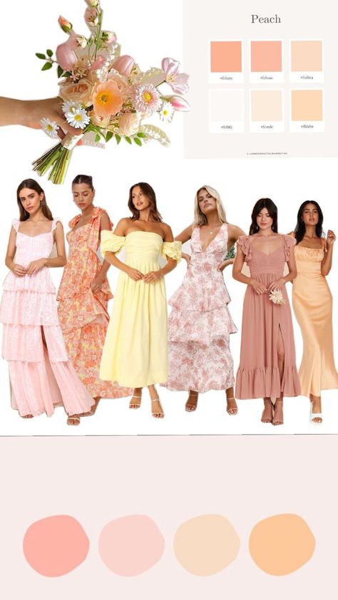 Tropical Wedding Color Palette, Pink Yellow Weddings, Wedding Theme Color Schemes, Wildflower Wedding Theme, Peach Bridesmaid, Peach Gown, Pastel Bridesmaid Dresses, Wedding Entourage, Provence Wedding