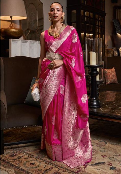 Rani Pink Handloom Weaving Faux Georgette Saree Pink Reception Saree, Drapping Saree, Pink Reception, Reception Saree, Georgette Material, Cerise Pink, Ethnic Looks, Zari Work, Georgette Saree