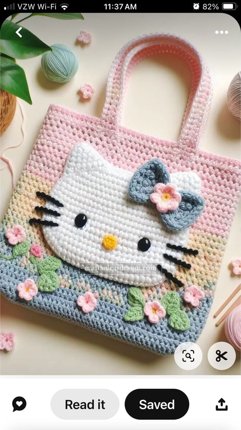 Crochet Hello Kitty, Tote Crochet, Hello Kitty Crochet, Hello Kitty Purse, Elegant Crochet, Crochet Bag Tutorials, Crochet Bag Pattern Free, Hello Kitty Bag, Crochet Handbag