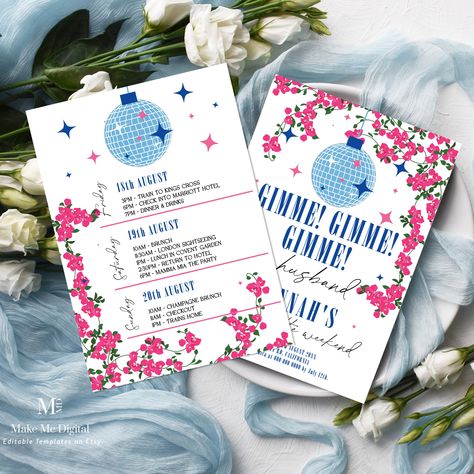 Mamma Mia Wedding, Itinerary Invitation, Bachelorette Weekend Itinerary, Bachelorette Weekend Invitations, Blue Bridal Shower, Weekend Itinerary, Bachelorette Weekend, Hen Do, Bougainvillea