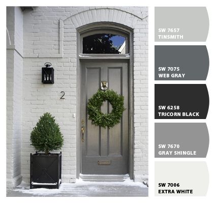 Paint colors from Chip It! by Sherwin-Williams Simple Front Porch, Grey Front Door, Painted Brick Exteriors, Grey Doors, Casa Exterior, Front Door Colors, Painted Brick, Exterior Paint Colors, Door Color