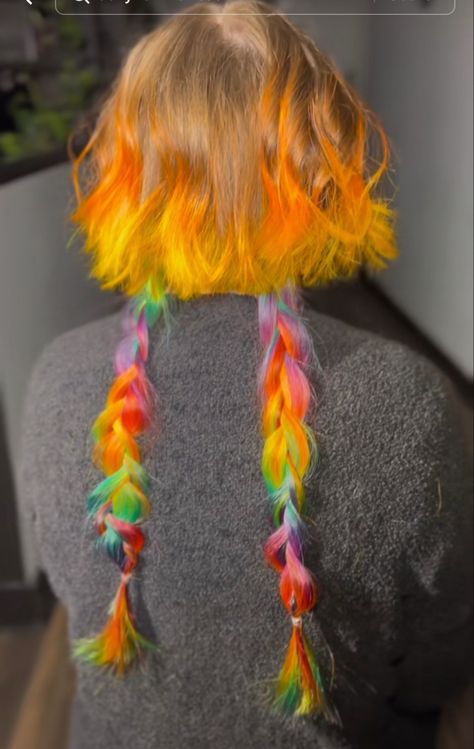 Back Shoulder Reference, Unique Oc Hairstyles, Really Cool Hairstyles, Natural Bleach Hair, Cool Unique Hairstyles, Long Colorful Hair, Rainbow Hair Character Design, Haircolor Ideas 2020, Rainbow Raccoon Tail Hair