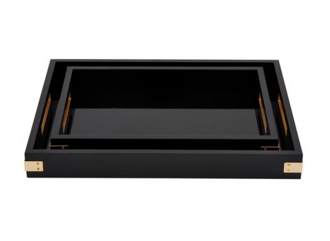 Black Brass Lacquer Trays - ShopSpoiled Wood Trays, Lacquered Wood, Serving Drinks, Black Lacquer, Metal Accents, Brass Accents, Wood Tray, Black And Brass, Metallic Accents