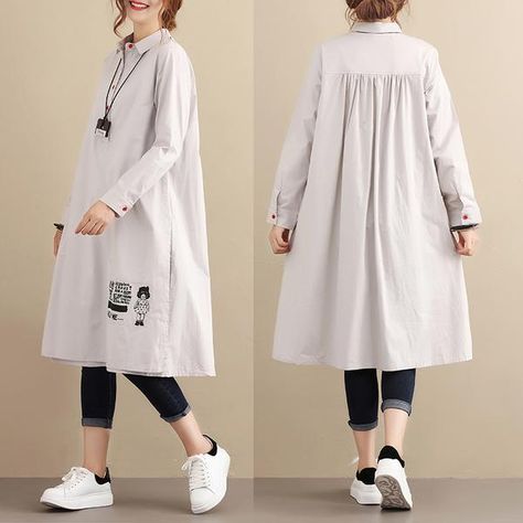 Casual Loose Cotton Long Sleeves Pleated Gray Dress Kaftan With Sleeves, Polo Collar Dress, Long Shirt Women, Stylish Kurtis Design, Pakistani Fashion Casual, Casual Shirt Women, Loose Long Sleeve, Designer Dresses Casual, Fashionista Clothes