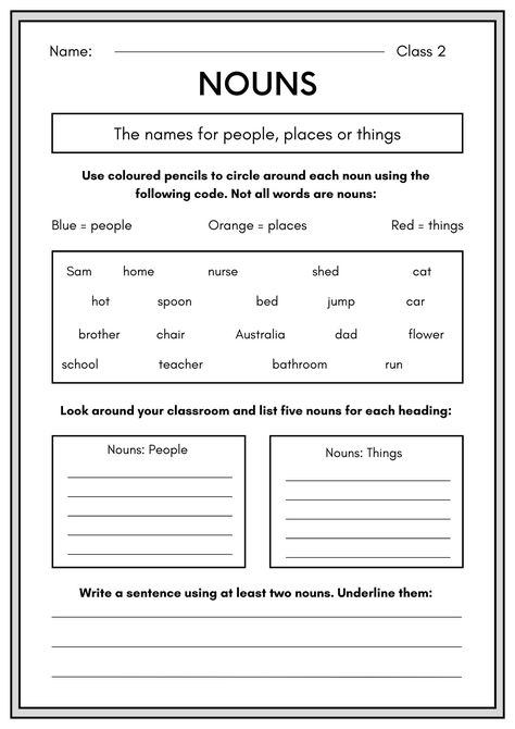 A noun is a word that represents a person, place, thing, or idea. Here are Examples of nouns include horse, monkey, teacher, city, pen etc. Nouns can be singular (referring to one person, place, thing, or idea) or plural (referring to more than one). So, if you are a student of class 2 grade and finding the best noun worksheets. Here is our Top 5 Noun Worksheet for Class 2 with Answers and you download all worksheets in pdf. Noun Worksheet For 5th Grade, Noun Worksheet Class 4, Story For Grade 1, Proper Nouns Worksheet, Worksheet For Class 2, Person Place Thing, Types Of Nouns, Nouns Activities, English Nursery