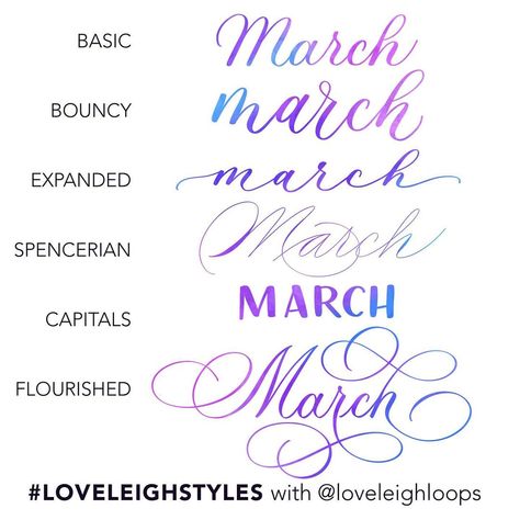 Jillian & Jordan | Calligraphy on Instagram: “February is a short month which means March is almost here! Which of our six #loveleighstyles is your favorite? Swipe to see our March…” March Lettering, Brush Lettering Tutorial, Calligraphy Writing Styles, Hand Lettering Worksheet, Daily Prompts, Learn Hand Lettering, Calligraphy Lessons, Hand Lettering Styles, Calligraphy Tutorial