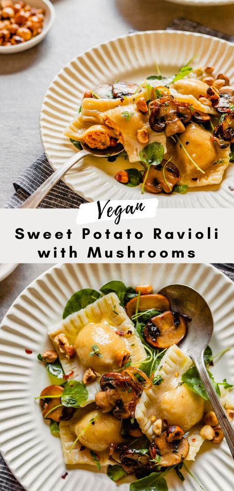 Vegan Sweet Potato Ravioli, Sweet Potato Ravioli Recipe, Veggie Ravioli Recipe, Sweet Potato Ravioli Filling, Ravioli Recipe Vegan, Sweet Potato Ravioli Sauces, Lentil Ravioli, Vegan Ravioli Filling, Dairy Free Ravioli