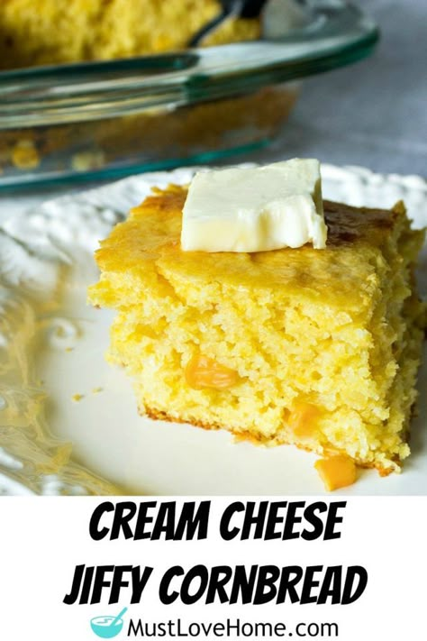 Cream Cheese Jiffy Cornbread -with cornbread mix, cream cheese and creamed corn, this cornbread recipe is a quick and easy family favorite. Easy Skillet Cornbread, Creamed Corn Cornbread, Jiffy Recipes, Jiffy Cornbread Recipes, Leftover Cornbread, Cream Cheese Corn, Cornbread Recipe Sweet, Jiffy Cornbread Mix, Jiffy Mix